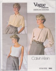 1860 VOGUE CALVIN KLEIN 1987 SHELL TOP, LONG - SHORT SLEEVE BLOUSE PATTERN 8,10, 12, 14 choice